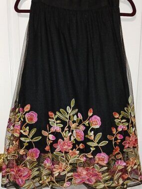 Magic Black Floral Embroidered Sheer Mesh Midi Skirt Lined Pull On Boho